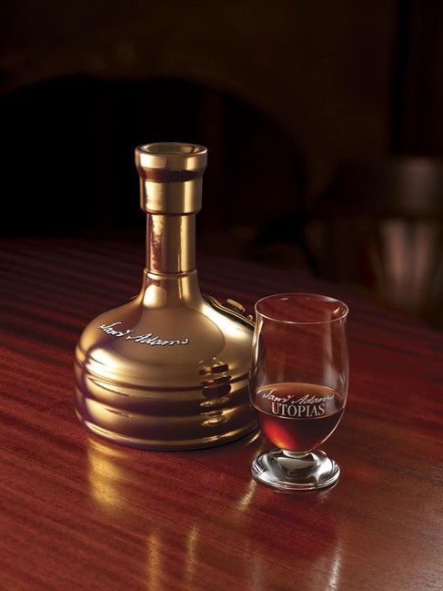 This product image released by The Boston Beer Co. shows the limited release beer, Sam Adams Utopia. First introduced by Sam Adams founder Jim Koch in 2002, Utopias begins its evolution as malt and hops fermented with several yeast strains, including one normally used for sparkling wine. The beer then is blended with a few different brews, some of which have been aged in different wood barrels for more than 20 years. 