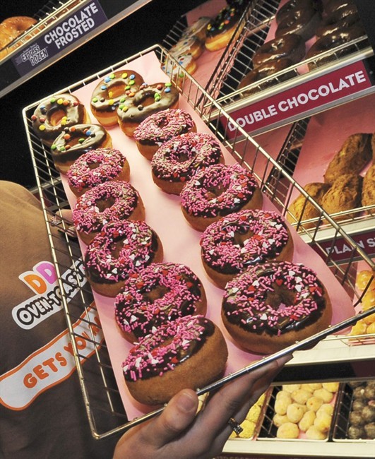 In this Feb. 12, 2008 file photo, a rack of donuts is displayed at a Dunkin' Donuts franchise in Boston.