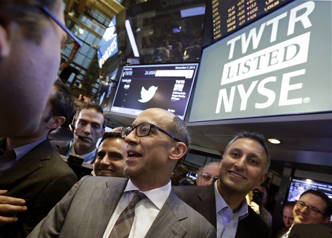 Twitter CEO Dick Costolo, center, and Mike Gupta, chief financial officer of Twitter, wait for shares to begin trading during the IPO, on the floor of the New York Stock Exchange.