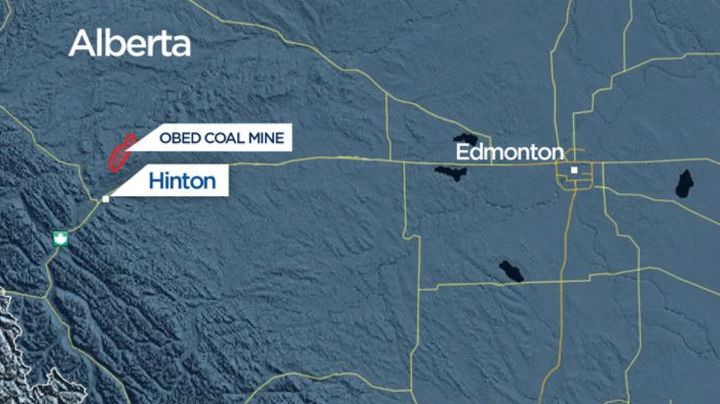 Obed Mountain Coal Mine in relation to Hinton and Edmonton. 