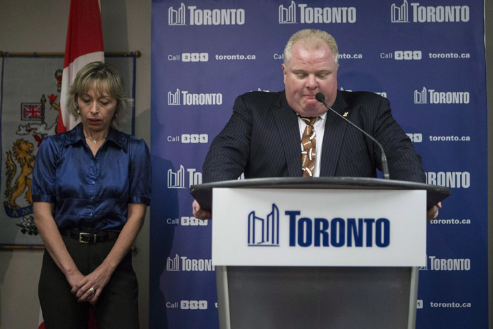 Toronto Mayor Rob Ford stands with his wife Renata at a news conference on Thursday November 14, 2013.