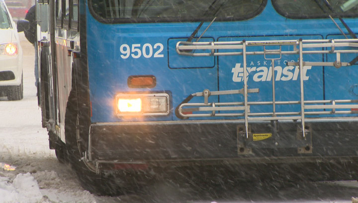 Snow, ice conditions, slow moving traffic cause issues for Saskatoon transit during morning rush hour.