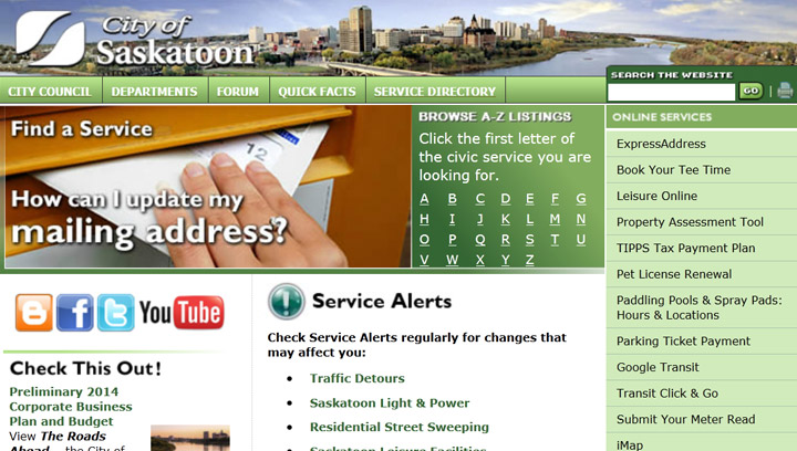 Screenshot of the City of Saskatoon’s website. A steering committee is recommending Saskatoon-based zu.com as the lead consultant for developing the city’s new website.