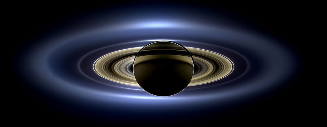 A mosaic of Saturn and Earth taken from the Cassini spacecraft.