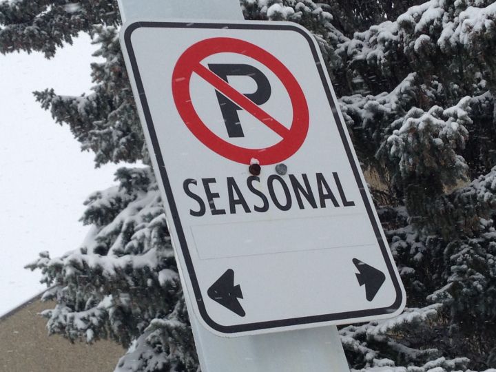Seasonal parking ban sign in Edmonton.