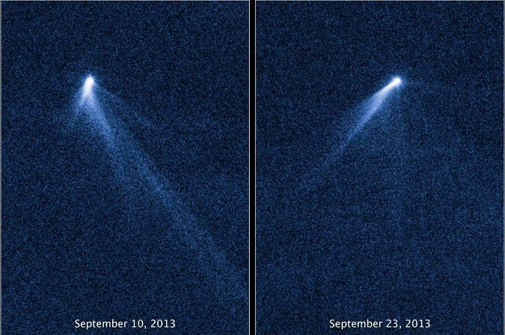 These photos provided by NASA show six comet-like tails radiating from an asteroid found by the Hubble Space Telescope.