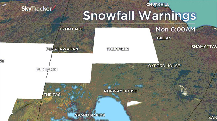 Environment Canada has issued snowfall warnings for the Thompson and Flin Flon areas in Manitoba.