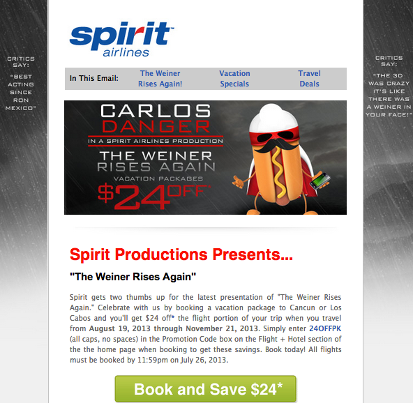 Spirit Airlines targets Anthony Weiner in an advertisement campaign.