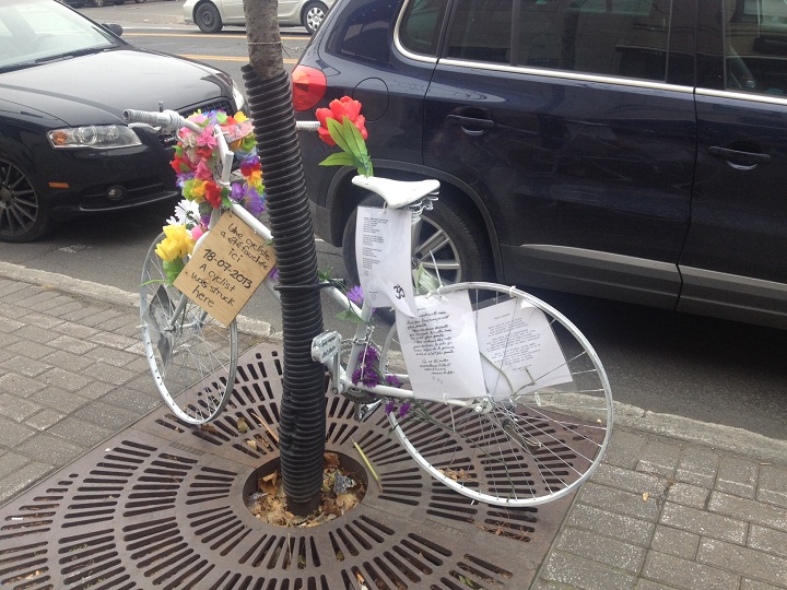 A memorial for cyclist Suzanne Squire, who was killed riding her bike along Parc Avenue in Montreal on July 18, 2013.