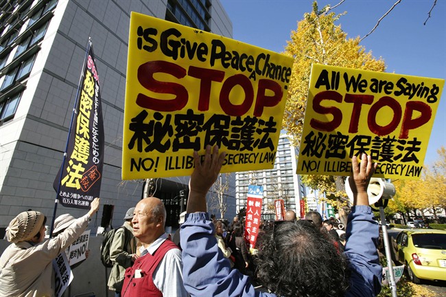 Demonstrators protest against a proposed state secrecy law that imposes stiffer penalties on bureaucrats who leak information and journalists who seek it, in front of the parliament building in Tokyo, Tuesday, Nov. 26, 2013. 