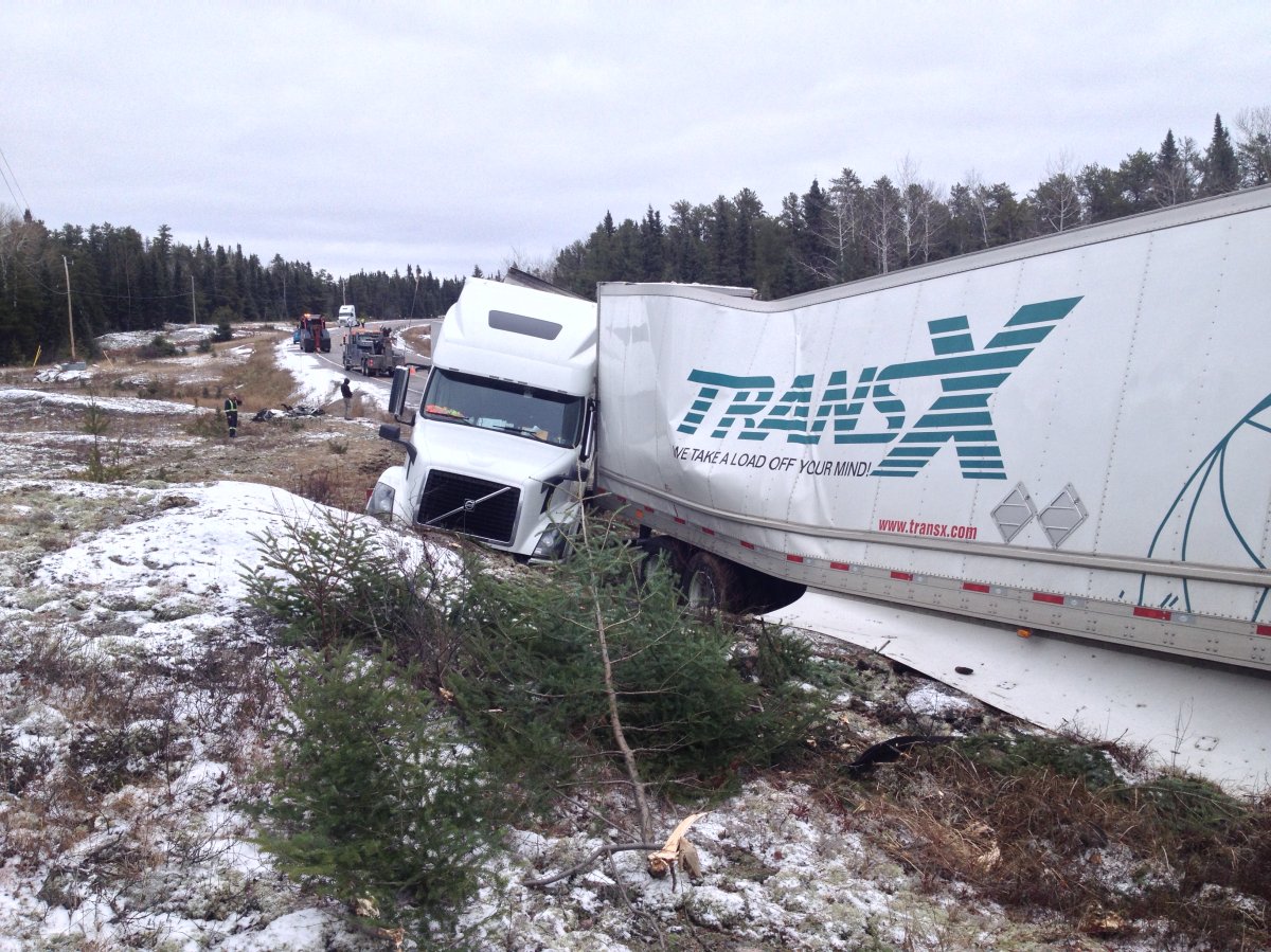 Police were forced to close a northwest Ontario highway Thursday November 7, 2013 after more than a dozen transport trucks got tangled up.