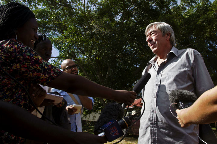 British retireee Bernard Randall speaks to reporters on November 18, 2013 outside Entebbe Chief Magistrates Court. The 65-year-old is facing charges of of 'trafficking obscene publications' after police found private pictures of him having sex with another man. However, the case was adjourned until December 4 to allow defence lawyers time obtain a copy of the evidence. Randall, 65, pleaded not guilty at his initial hearing last month to the charges, which were brought after his laptop was stolen and films on the computer were handed to a Ugandan tabloid newspaper. 