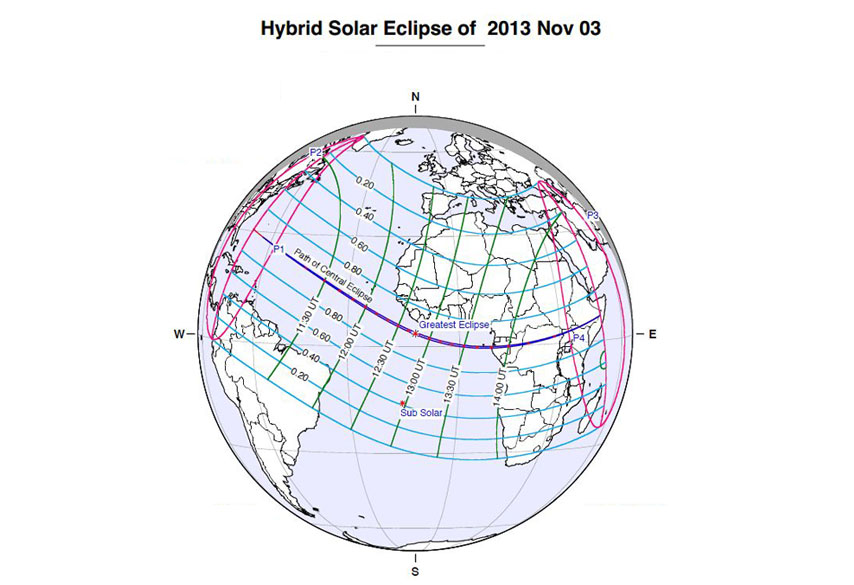This map shows the path of the Nov. 3 eclipse. The blue lines indicate where the total eclipse will be visible; the pink areas are where the annular eclipse will occur. (F. Espenak, NASA’s GSFC)