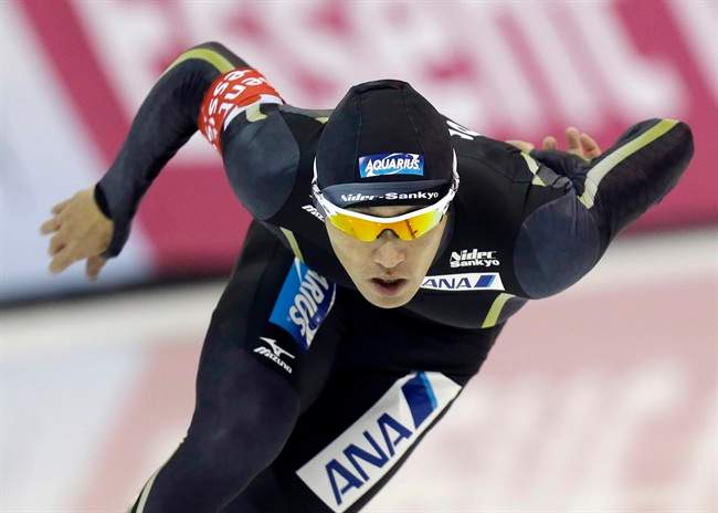 Keiichiro Nagashima, of Japan, skates during the men's 500-metre competition at the World Cup speedskating event Sunday in Kearns, Utah. Nagashima came in first place.