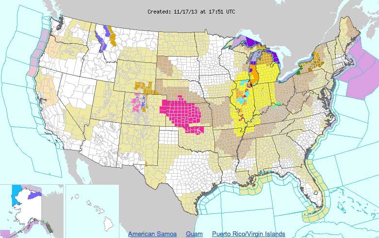 Shot of the tornado that just went through Roanoke, Illinois! WOW. Via Adam Lucio. Praying for those affected. pic.twitter.com/CdM4NSyHrR— Georgia Storm Chaser (@StormCoker) November 17, 2013</blockquote Areas in yellow indicate tornado warnings.