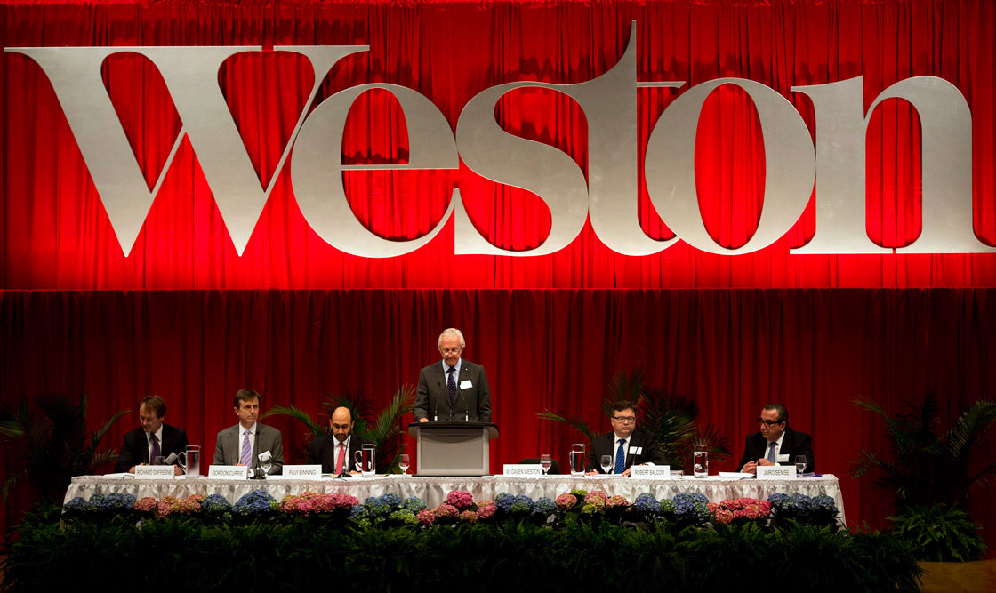 W. Galen Weston, Executive Chairman of grocery giant George Weston Ltd., speaks during the company's annual general meeting in Toronto on Thursday, May 9, 2013.