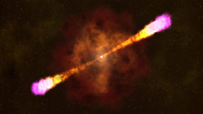 This image provided by NASA's Goddard Space Flight Center shows an artist's rendering of how a gamma ray burst occurs with a massive star collapsing and creating a black hole and beaming out focused and deadly light and radiation bursts.