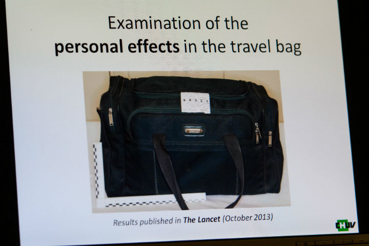A luggage that belong to Yasser Arafat is showing during a slide at a press conference on November 7, 2013 in Lausanne after Swiss scientists have concluded that Palestinian leader Yasser Arafat probably died from polonium poisoning, according to a text of their findings published by Al-Jazeera television.