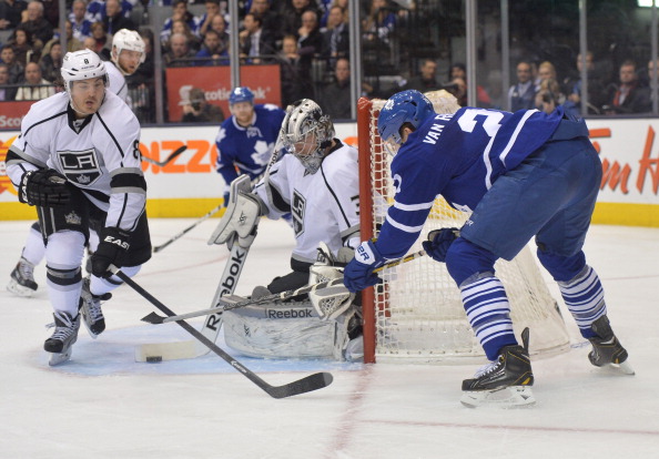 Toronto Maple Leafs Los Angeles Kings  during 3rd period NHL action on December 11, 2013, at the Air Canada Centre. Leafs lose 3-1. Leafs James van Riemsdyk tries a wrap around but goalie Martin Jones gets a stick on it. 