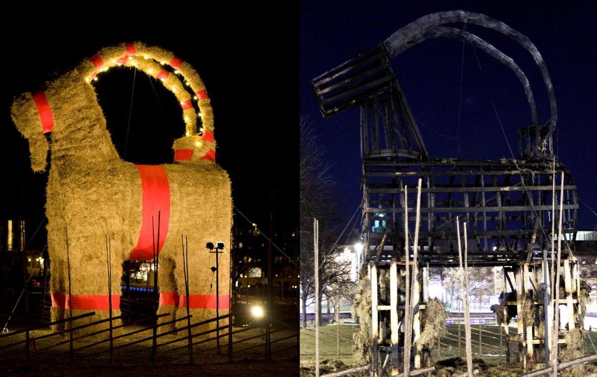 A combo picture shows the famous Christmas goat befor and after it was burned in Gaevle, Sweden on December 21, 2013.