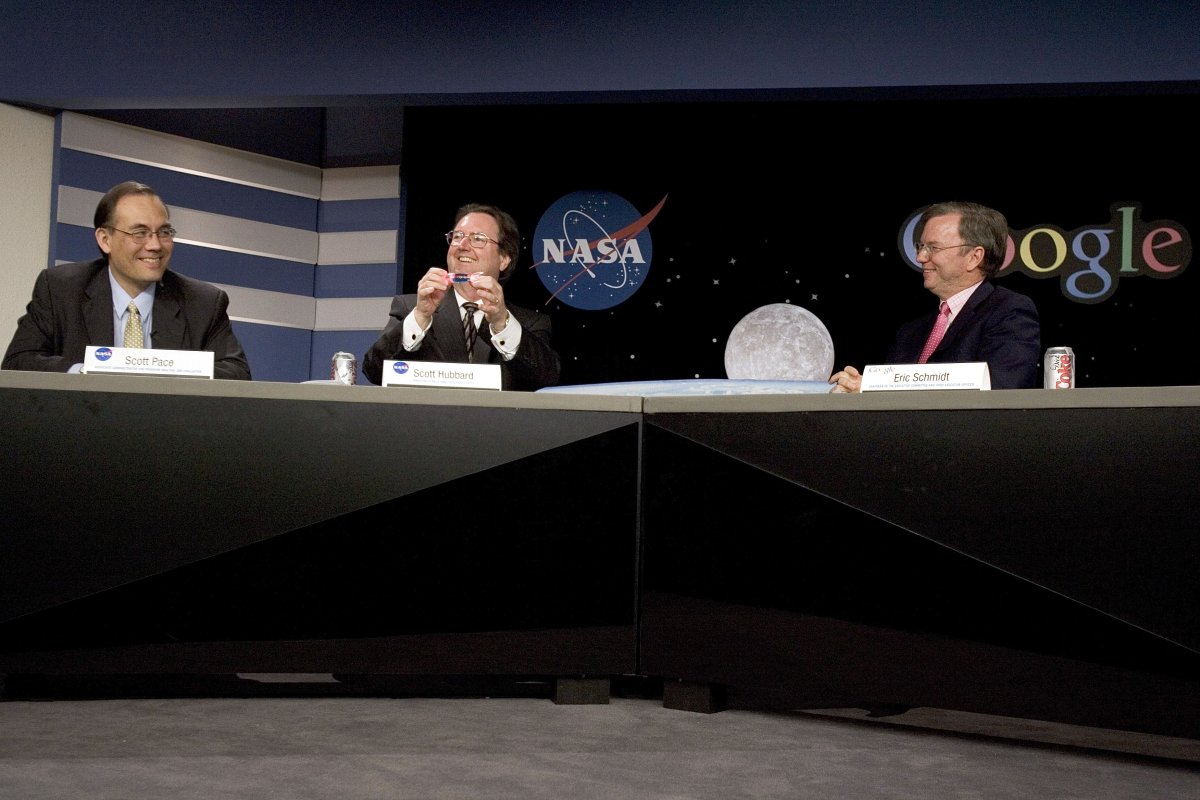 Dr. Scott Pace, NASA Associate Administrator for Program Analysis and Evaluation; G. Scott Hubbard NASA Ames Center Director and Eric Schmidt, Google CEO hold a press conference at the NASA Ames research Center on September 28, 2005 Moffett Field, California.