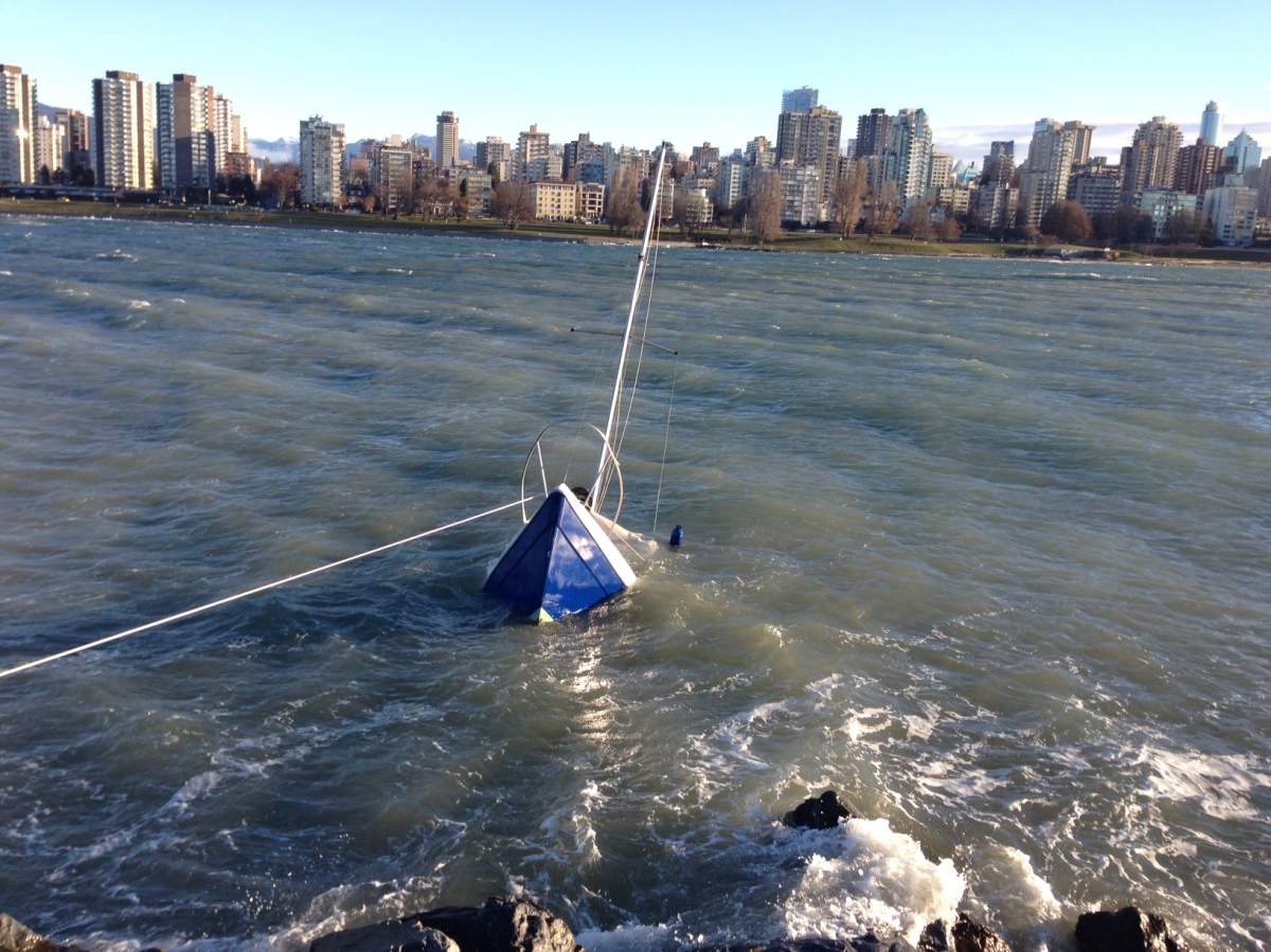 A boat hits the rocks and sinks in front of the Maritime Museum at Kitsilano beach. 