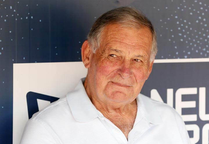 Former Atlanta Braves Manager Bobby Cox looks on from the dugout prior to Game Two of the National League Division Series between the Los Angeles Dodgers and Atlanta Braves at Turner Field on October 4, 2013 in Atlanta, Georgia.  