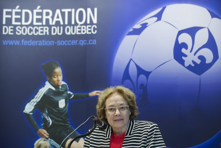 Quebec Soccer Federation (QSF) Executive Director Brigitte Frot speaks to reporters at a news conference in Laval, Que., Saturday, June 15, 2013.