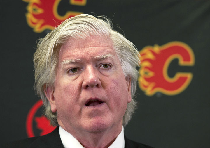 Brian Burke at a Calgary Flames press conference on Dec. 12.