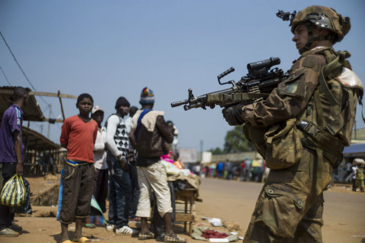 French troops patrol a street in Bangui, Central African Republic