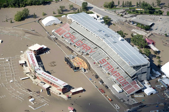 A flooded Calgary Stampede stadium is seen from a aerial view in Calgary Saturday, June 22, 2013. (THE CANADIAN PRESS/Jonathan Hayward)