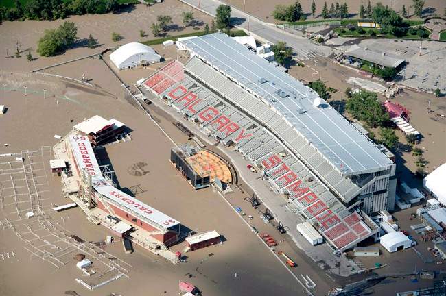 A flooded Calgary Stampede stadium is seen from a aerial view in Calgary Saturday, June 22, 2013. 