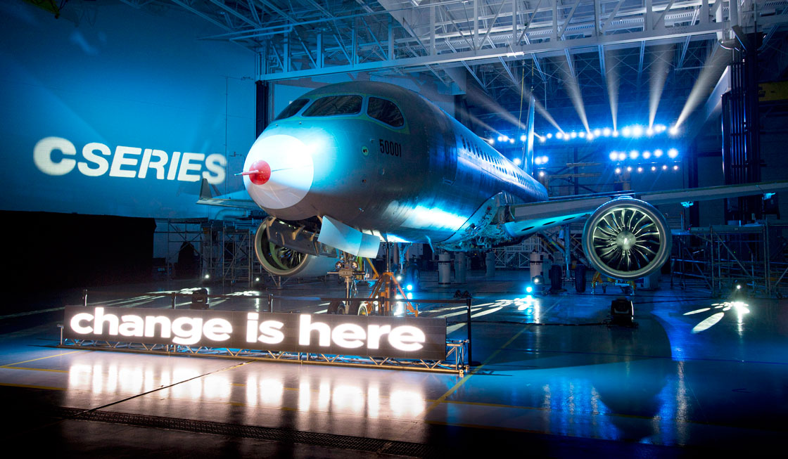 Bombardier unveils its CSeries flight test vehicle Thursday, March 7, 2013 in Mirabel, Que. Bombardier expect its first flight test by the end of June of this year. THE CANADIAN PRESS/Paul Chiasson