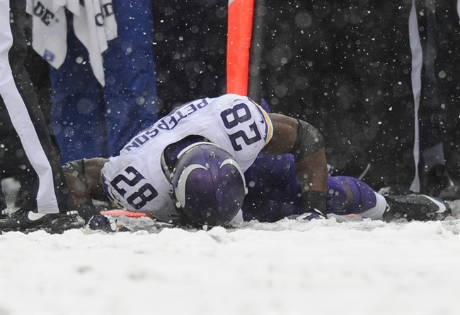 Minnesota Vikings running back Adrian Peterson lies on the field after injuring himself on a play in the first half of an NFL football game against the Baltimore Ravens, Sunday, Dec. 8, 2013, in Baltimore. 