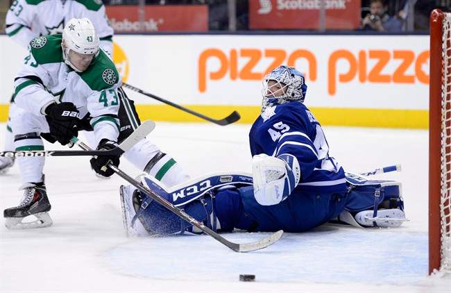 Jonathan Bernier makes a save against the Dallas Stars