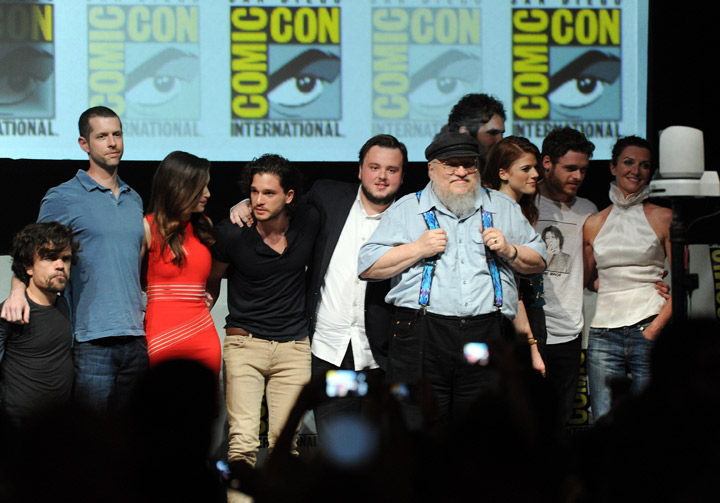 Actor Peter Dinklage, writer/producer D.B. Weiss, actors Emilia Clarke, Kit Harington, John Bradley, Jason Momoa, author/executive producer George R.R. Martin, actors Rose Leslie, Richard Madden and Michelle Fairley onstage during the 'Game Of Thrones' panel during Comic-Con.
