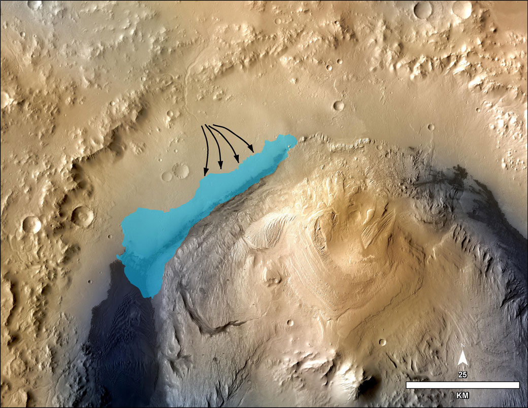 This illustration depicts a concept for the possible extent of an ancient lake inside Gale Crater.
Image Credit: .