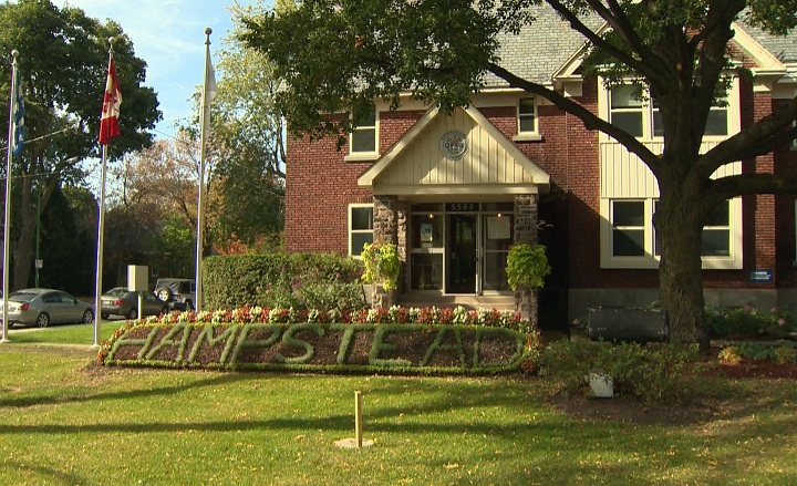 A glimpse of the town hall in Hampstead, Quebec. 