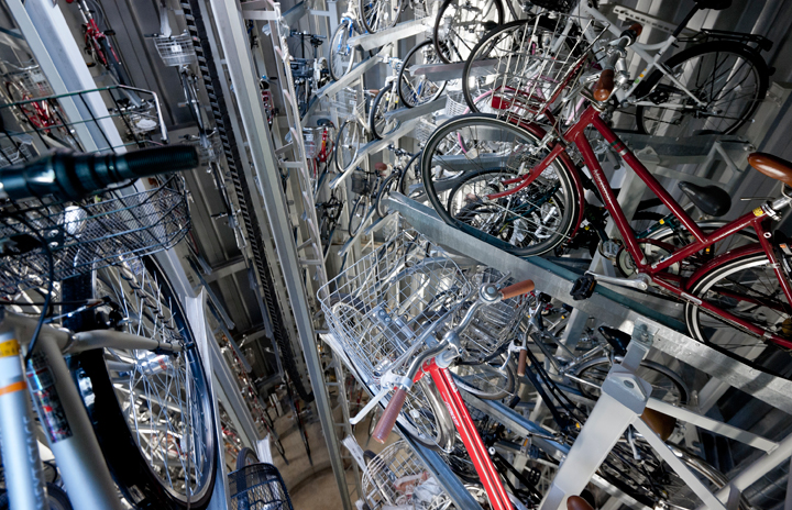 Bicycles are stacked on top of each other inside the ECO Cycle system:(Photo credit: Keith Tsuji/Getty Images)