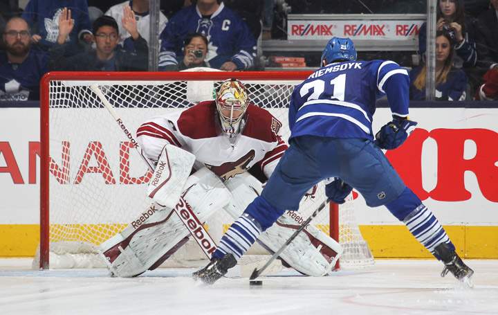 Mike Smith #41 of the Phoenix Coyotes gets set to face James van Riemsdyk #21 of the Toronto Maple Leafs during the shootout in an NHL game at the Air Canada Centre on December 19, 2013 in Toronto, Ontario, Canada. The Leafs defeated the Coyotes 2-1 in a shoot-out.