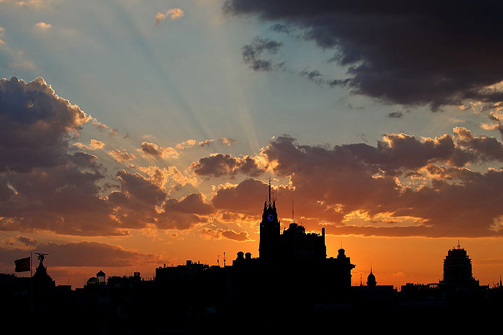 General view of rooftops at sunset with the Telefonica building (C) on August 26, 2013 in Madrid, Spain. 