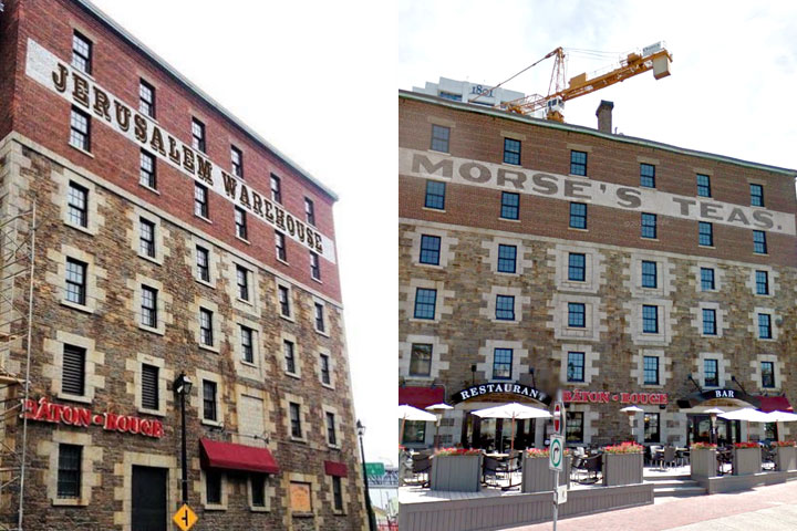 A rendering of Starfish Properties' proposed new signage on the building at 1877 Hollis St. (left) and the Morse's Tea building in a 2012 image taken from Google Maps.