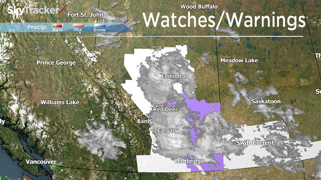 Snowfall warnings, in white, and blizzard warnings, purple, have been issued across Alberta.