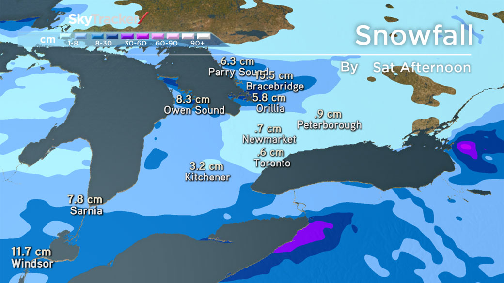 Depending on the track the low system takes, the GTA could see snowfall amounts of between 5 and 10 cm by Saturday night. (Global News)