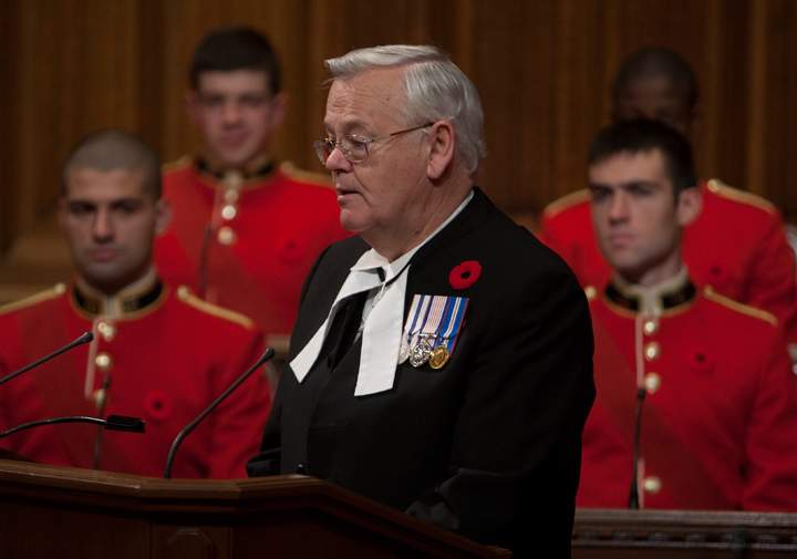 In this file photos, Speaker of the Senate Noel Kinsella speaks during a Rememberance Week ceremony in the Senate on Parliament Hill in Ottawa, Friday Nov.6, 2009.
