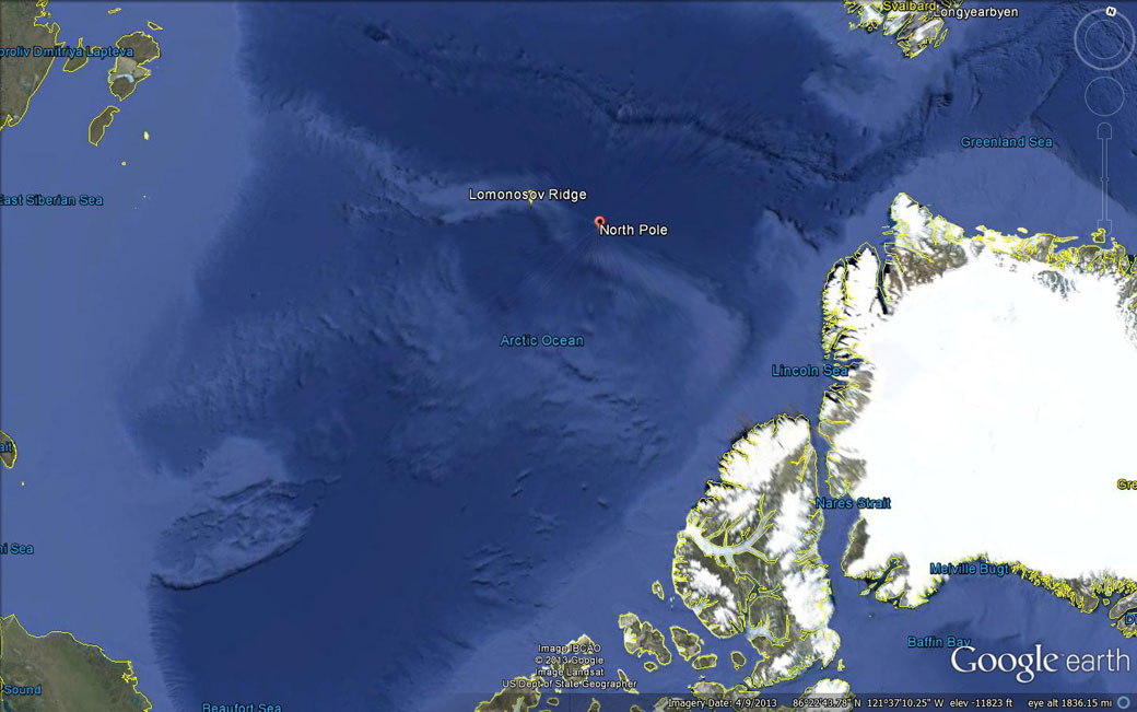 The Lomonosov Ridge lies close to the North Pole.