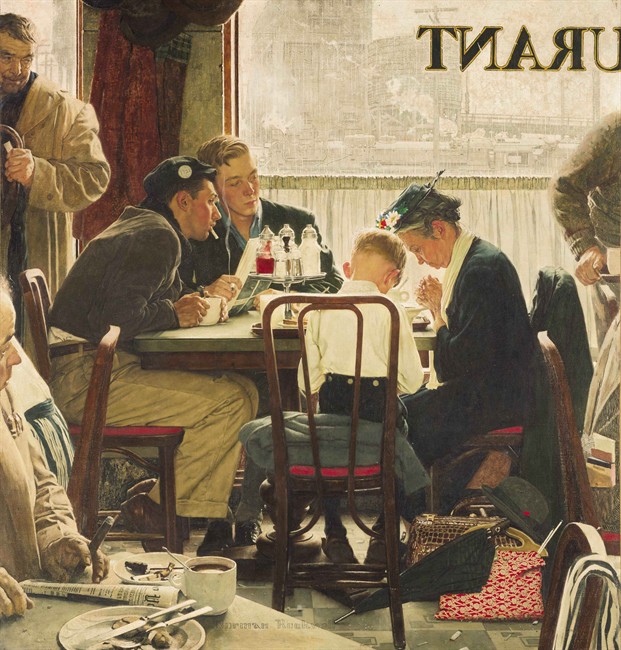 This undated file photo provided by Sotheby's shows the popular Norman Rockwell masterpiece "Saying Grace." .