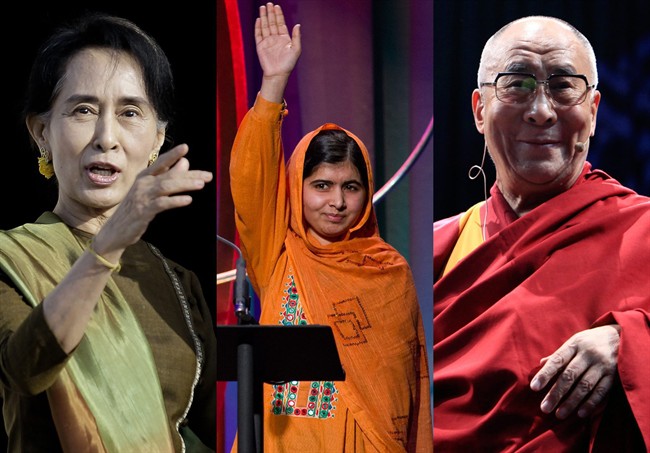  This combination of 2013 file photos shows, from left, Myanmar opposition leader Aung San Suu Kyi; Malala Yousafzai, the Pakistani teenager shot by the Taliban for promoting education for girls, and Tibet's spiritual leader, the Dalai Lama. (AP Photo/Peter Morrison, Craig Ruttle, Marco Ugarte).