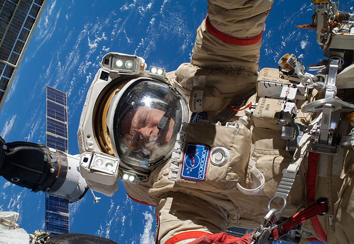 In this file photo, Russian cosmonaut Oleg Kotov conducts a spacewalk outside the ISS on November 9, 2013.