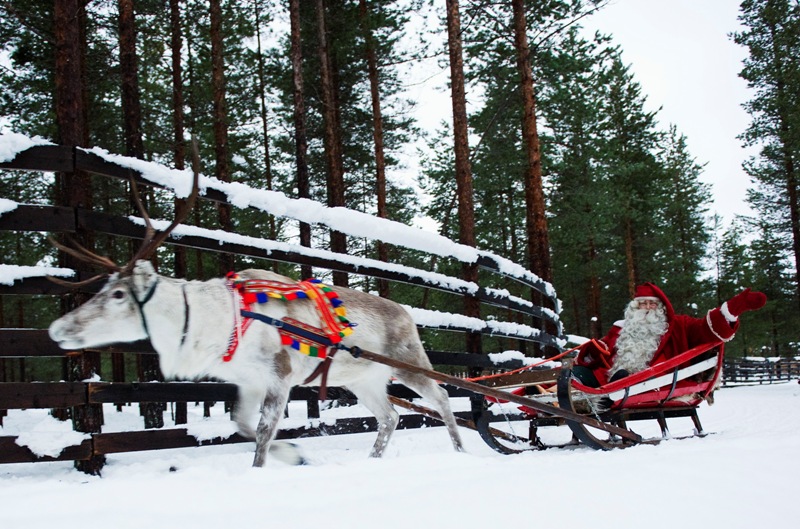 Santa Claus rides a reindeer and sled outside Rovaniemi, Finnish Lapland on December 15, 2011. (JONATHAN NACKSTRAND/AFP/Getty Images).